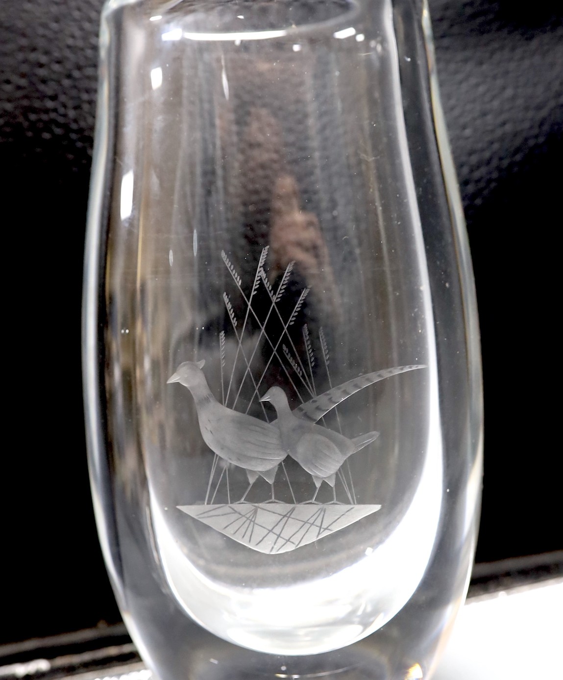 An Orrefors glass ‘pheasant’ vase, numbered 3723, 24cm